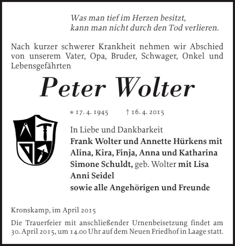  Traueranzeige für Peter Wolter vom 25.04.2015 aus Güstrower Anzeiger