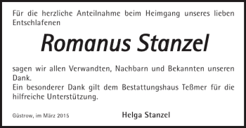 Traueranzeige von Romanus Stanzel von Güstrower Anzeiger