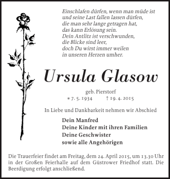 Traueranzeige von Ursula Glasow von Güstrower Anzeiger