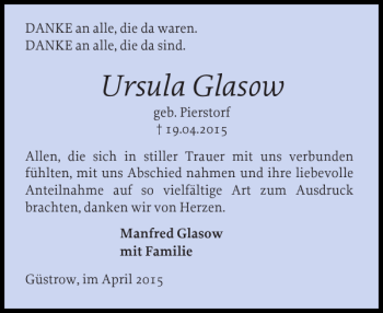 Traueranzeige von Ursula Glasow von Güstrower Anzeiger