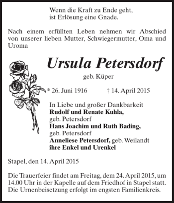 Traueranzeige von Ursula Petersdorf von Hagenower Kreisblatt