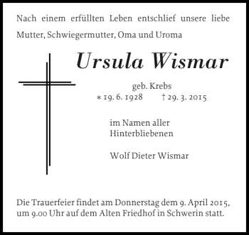 Traueranzeige von Ursula Wismar von Zeitung für die Landeshauptstadt