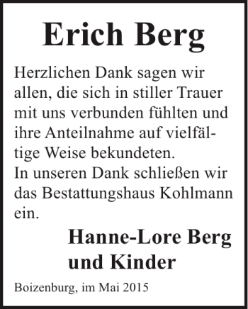 Traueranzeige von Erich Berg von Hagenower Kreisblatt