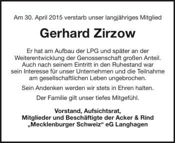 Traueranzeige von Gerhard Zirzow von Güstrower Anzeiger