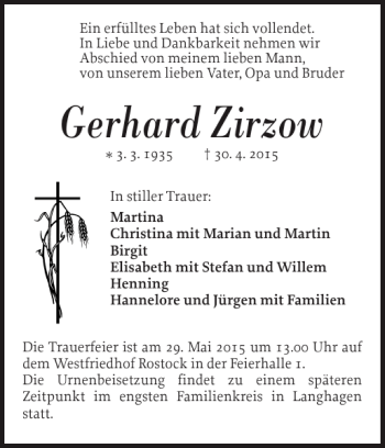 Traueranzeige von Gerhard Zirzow von Güstrower Anzeiger