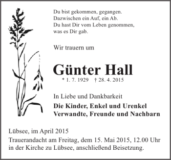 Traueranzeige von Günter Hall von Güstrower Anzeiger