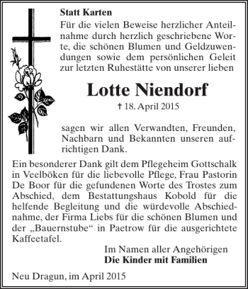 Traueranzeige von Lotte Niendorf von Gadebusch-Rehnaer Zeitung