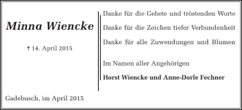 Traueranzeige von Minna Wiencke von Gadebusch-Rehnaer Zeitung