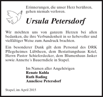 Traueranzeige von Ursula Petersdorf von Hagenower Kreisblatt