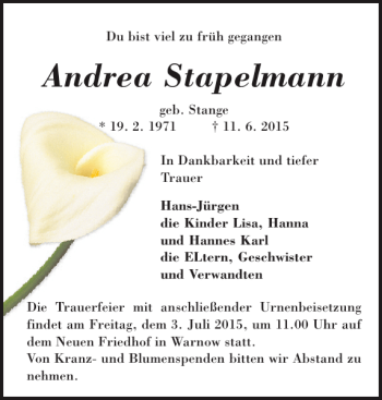 Traueranzeige von Andrea Stapelmann von Bützower Zeitung