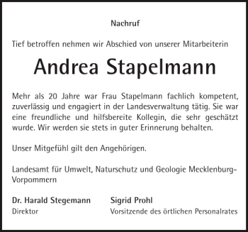 Traueranzeige von Andrea Stapelmann von Bützower Zeitung