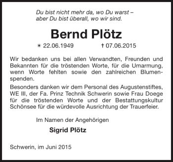 Traueranzeige von Bernd Plötz von Zeitung für die Landeshauptstadt