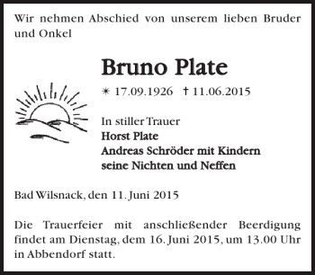 Traueranzeige von Bruno Plate von Der Prignitzer