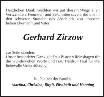 Traueranzeige von Gerhard Zirzow von Güstrower Anzeiger