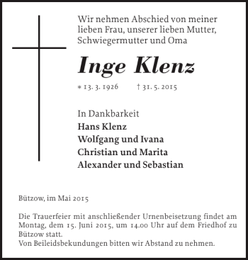 Traueranzeige von Inge Klenz von Bützower Zeitung