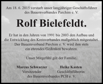 Traueranzeige von Rolf Bielefeldt von Parchimer Zeitung