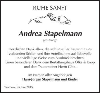 Traueranzeige von Andrea Stapelmann von Bützower Zeitung