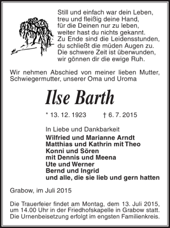 Traueranzeige von Ilse Barth von Ludwigsluster Tageblatt