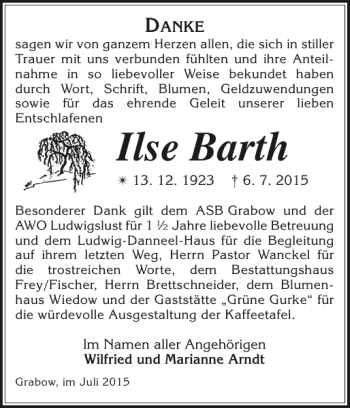 Traueranzeige von Ilse Barth von Ludwigsluster Tageblatt