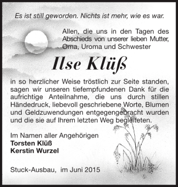 Traueranzeige von Ilse Klüß von Ludwigsluster Tageblatt