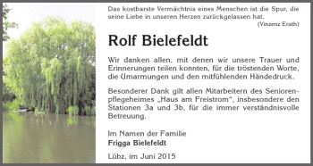 Traueranzeige von Rolf Bielefeldt von Parchimer Zeitung