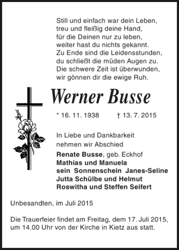 Traueranzeige von Werner Busse von Ludwigsluster Tageblatt