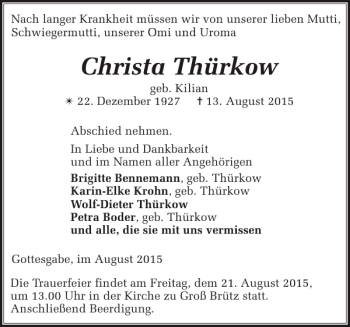 Traueranzeige von Christa Thürkow von Gadebusch-Rehnaer Zeitung