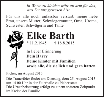 Traueranzeige von Elke Barth von Hagenower Kreisblatt