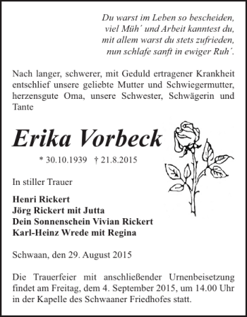 Traueranzeige von Erika Vorbeck von Bützower Zeitung