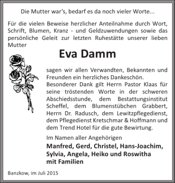 Traueranzeige von Eva Damm von Zeitung für die Landeshauptstadt