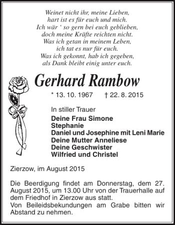 Traueranzeige von Gerhard Rambow von Ludwigsluster Tageblatt