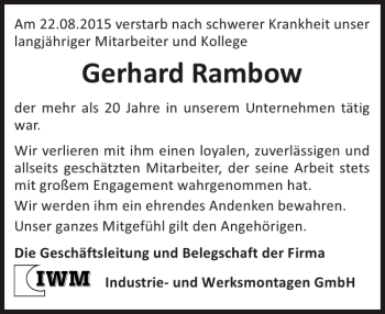 Traueranzeige von Gerhard Rambow von Ludwigsluster Tageblatt