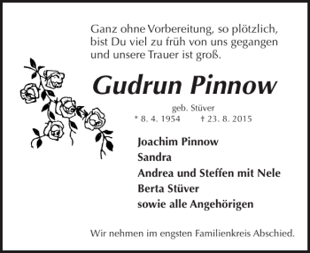 Traueranzeige von Gudrun Pinnow von Güstrower Anzeiger