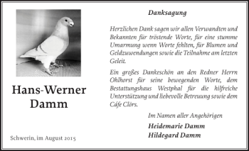 Traueranzeige von Hans-Werner Damm von Zeitung für die Landeshauptstadt