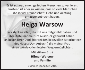 Traueranzeige von Helga Warsow von Zeitung für die Landeshauptstadt