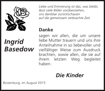 Traueranzeige von Ingrid Basedow von Hagenower Kreisblatt