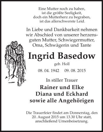 Traueranzeige von Ingrid Basedow von Hagenower Kreisblatt