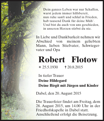 Traueranzeige von Robert Flotow von Anzeiger für Sternberg - Brüel - Warin