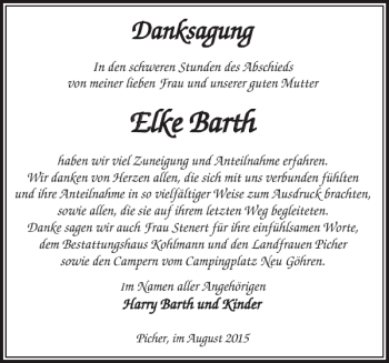 Traueranzeige von Elke Barth von Hagenower Kreisblatt