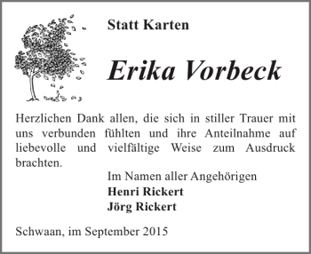 Traueranzeige von Erika Vorbeck von Bützower Zeitung