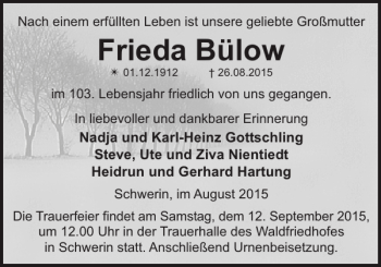 Traueranzeige von Frieda Bülow von Zeitung für die Landeshauptstadt