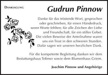 Traueranzeige von Gudrun Pinnow von Güstrower Anzeiger