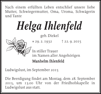 Traueranzeige von Helga Ihlenfeld von Ludwigsluster Tageblatt