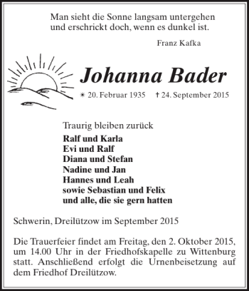 Traueranzeige von Johanna Bader von Hagenower Kreisblatt