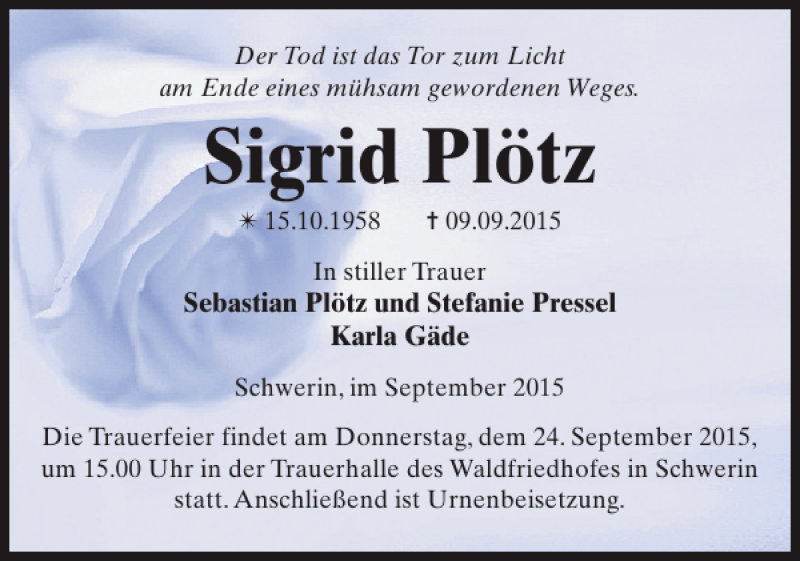  Traueranzeige für Sigrid Plötz vom 19.09.2015 aus Zeitung für die Landeshauptstadt