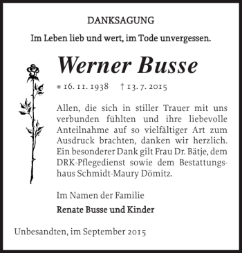 Traueranzeige von Werner Busse von Ludwigsluster Tageblatt