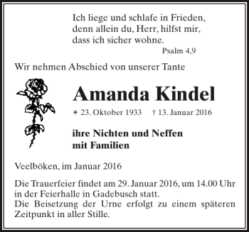 Traueranzeige von Amanda Kindel von Gadebusch-Rehnaer Zeitung