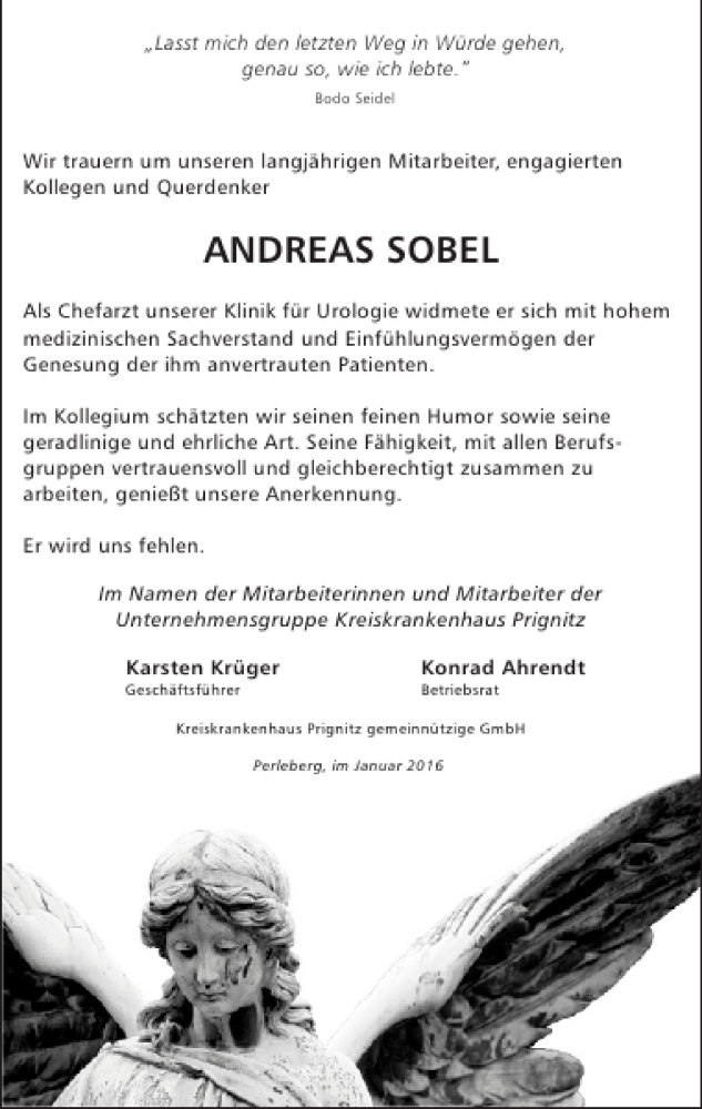  Traueranzeige für Andreas Sobel vom 30.01.2016 aus Der Prignitzer