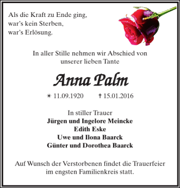 Traueranzeige von Anna Palm von Parchimer Zeitung