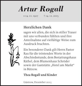 Traueranzeige von Artur Rogall von Bützower Zeitung